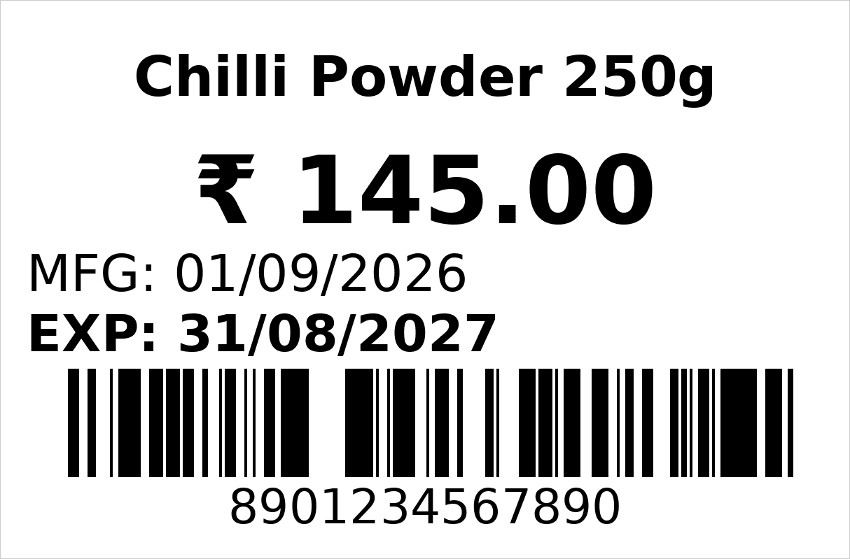 Sample Cartix product label with Chilli Powder 250g, ₹145 price, manufacturing and expiry dates, and a barcode