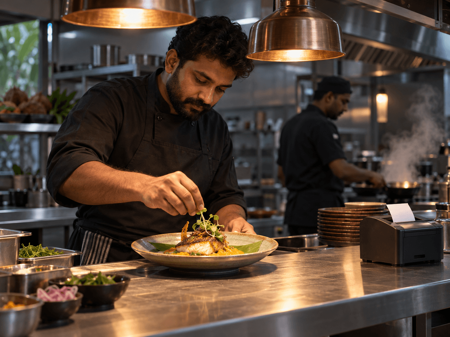 Illustrative kitchen scene: a chef finishes a plated dish at the restaurant pass beside a kitchen ticket printer