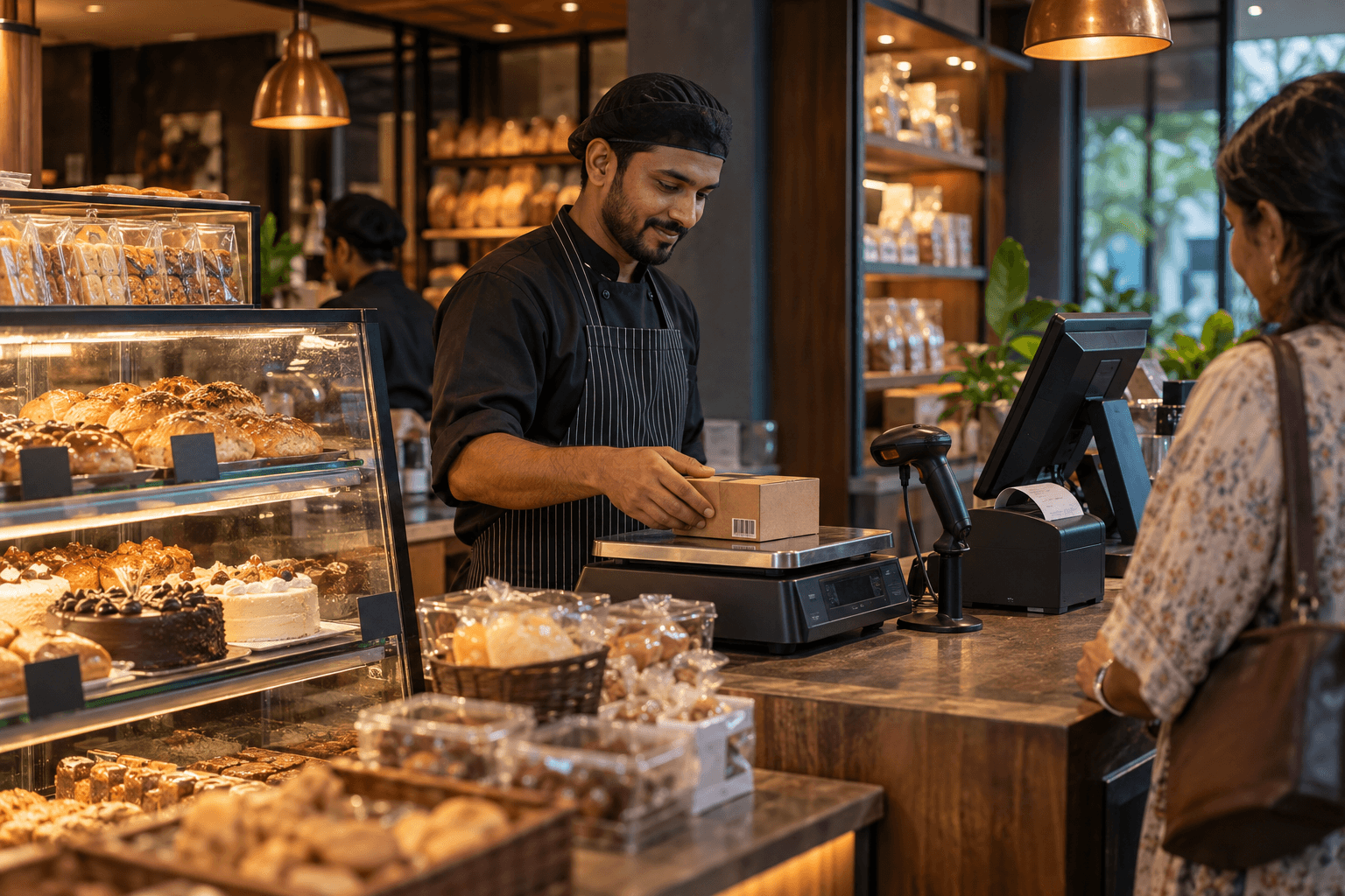 AI illustration of a bakery checkout with a weighing scale, barcode scanner, receipt printer and pastry display
