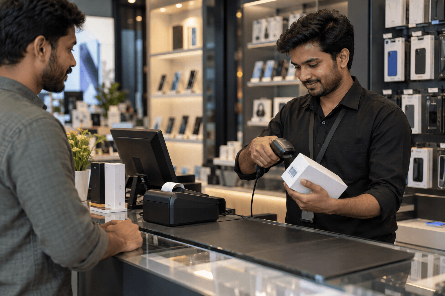 AI illustration of an electronics shop assistant scanning the barcode on an unbranded smartphone box at the counter