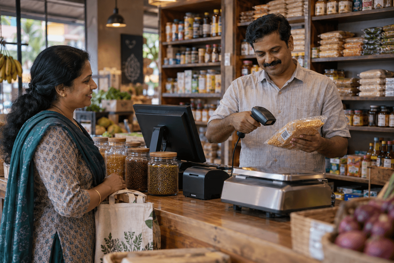 AI illustration of a neighbourhood grocery owner using a barcode scanner, with groceries and a weighing scale at the counter