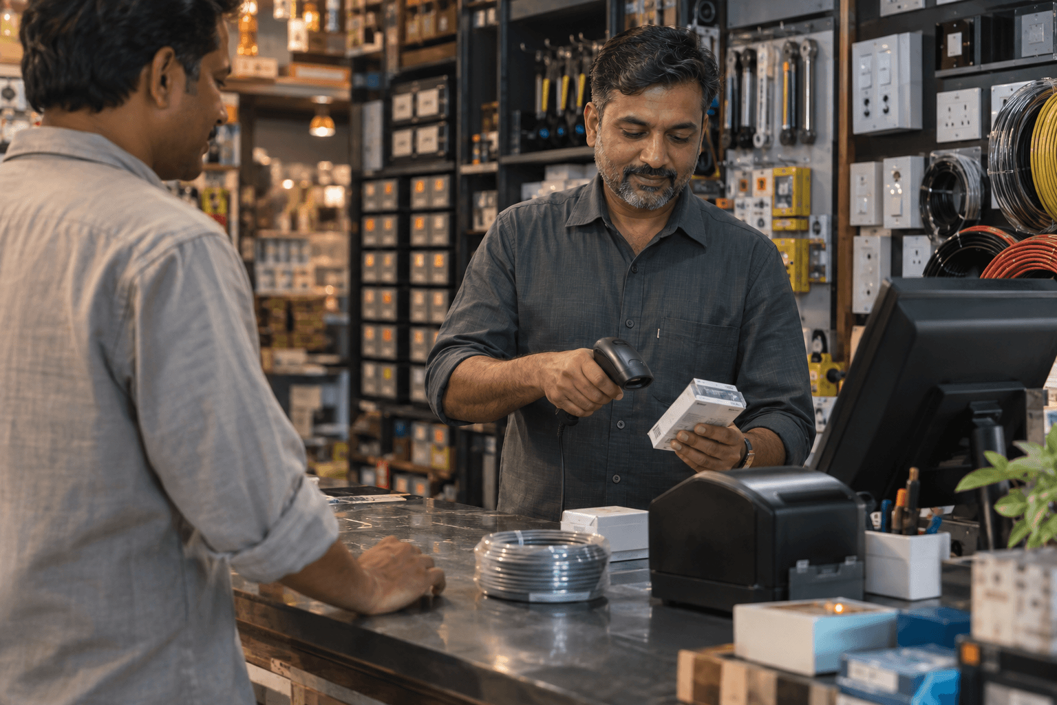 AI illustration of a hardware and electrical shop owner scanning a packaged switch at the checkout counter
