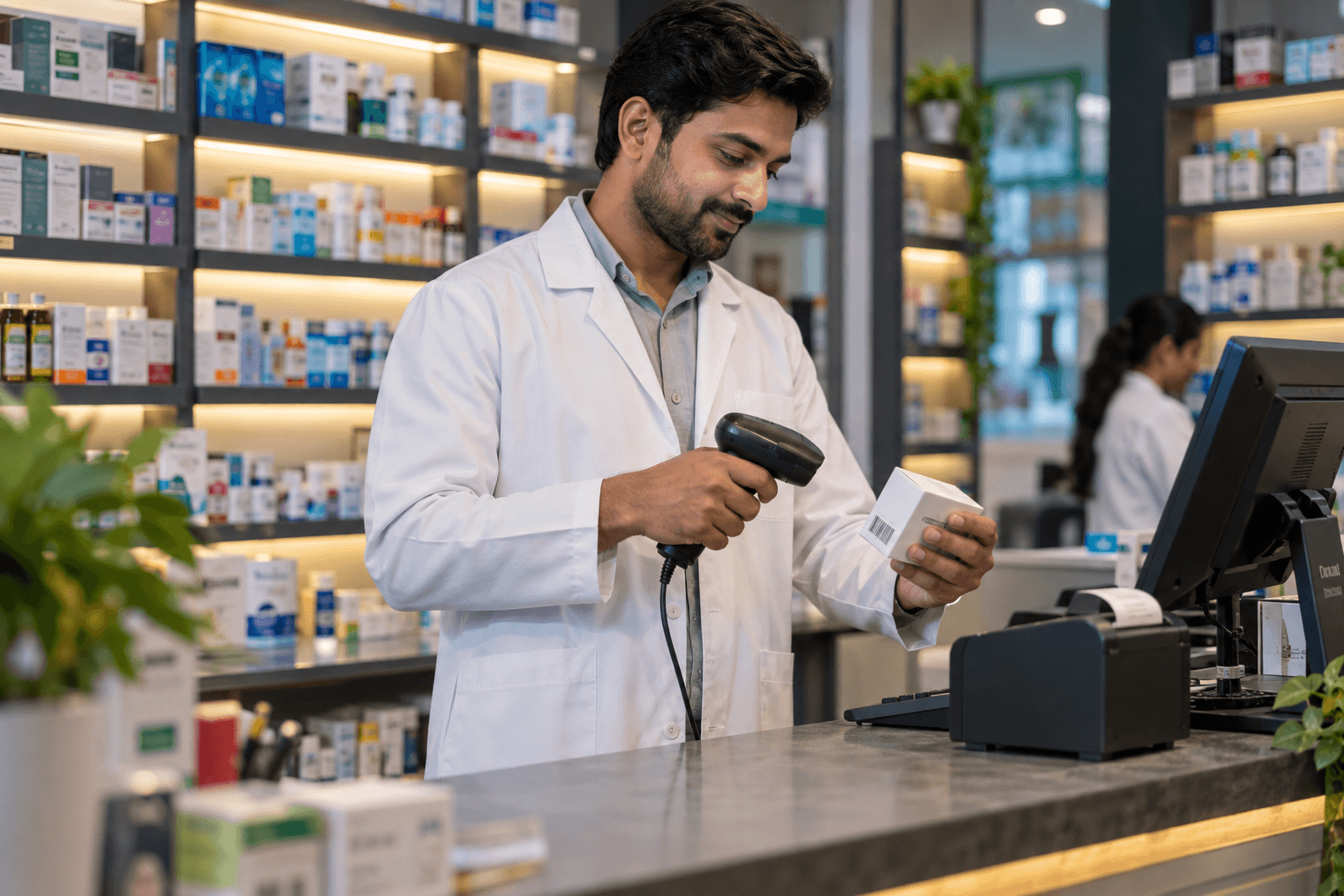 AI illustration of a pharmacist scanning a medicine carton at a tidy pharmacy billing counter