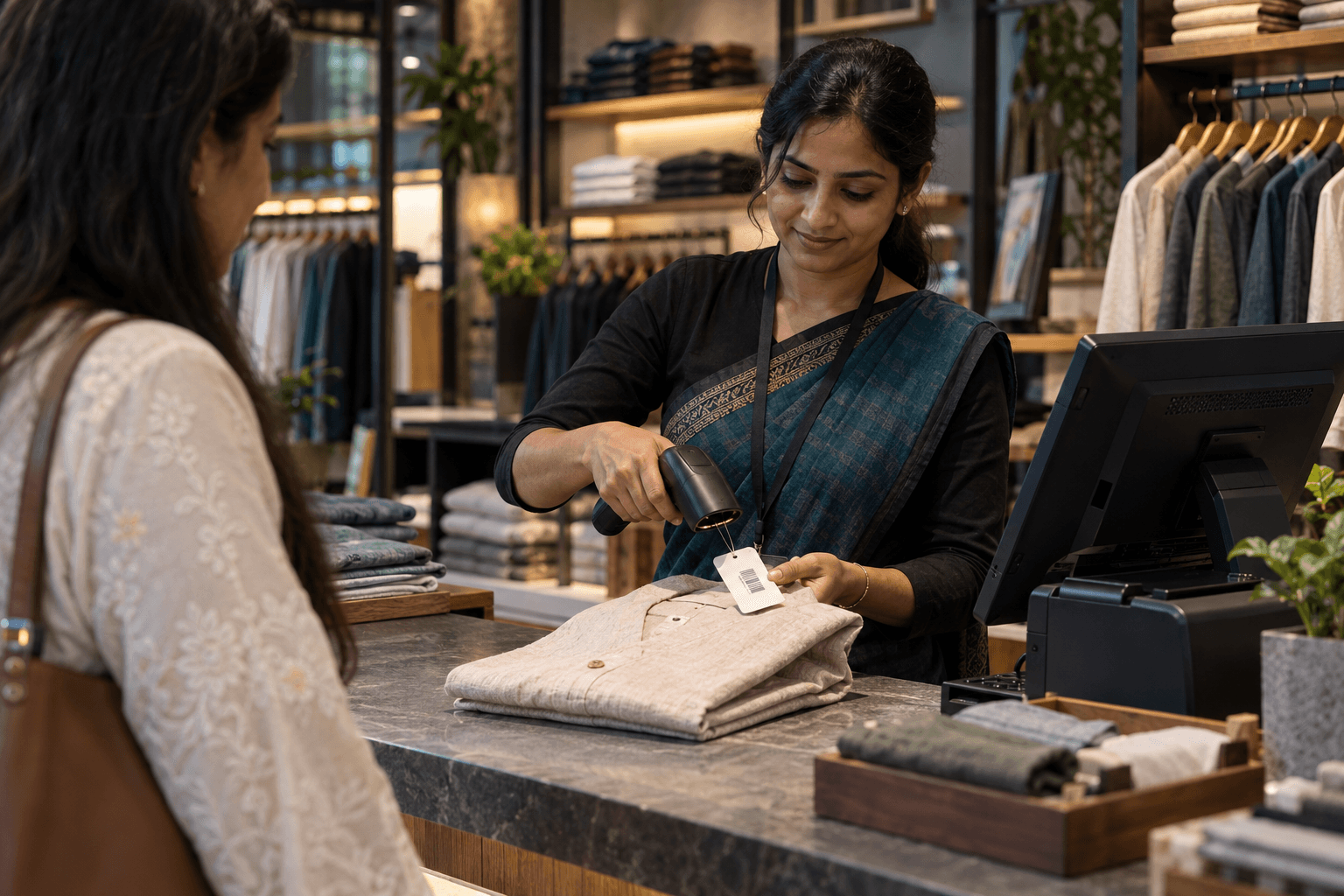 AI illustration of a textile shop assistant scanning a garment barcode tag beside folded clothing and a receipt printer
